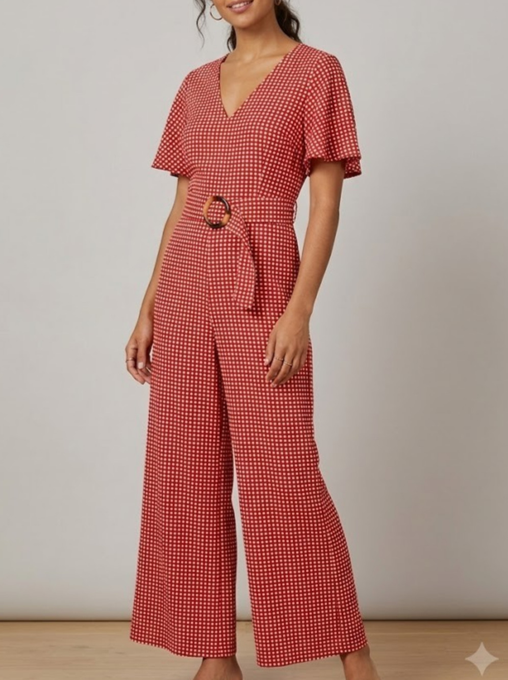 Anthropologie Ettiwa Margaret Belted Jumpsuit Size 4 Red White Gingham Wide Leg